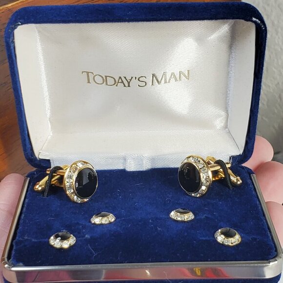 Today's Man Cufflinks Gold-Tone Black Onyx & Crystal Cufflink & Stud Set - Picture 10 of 10